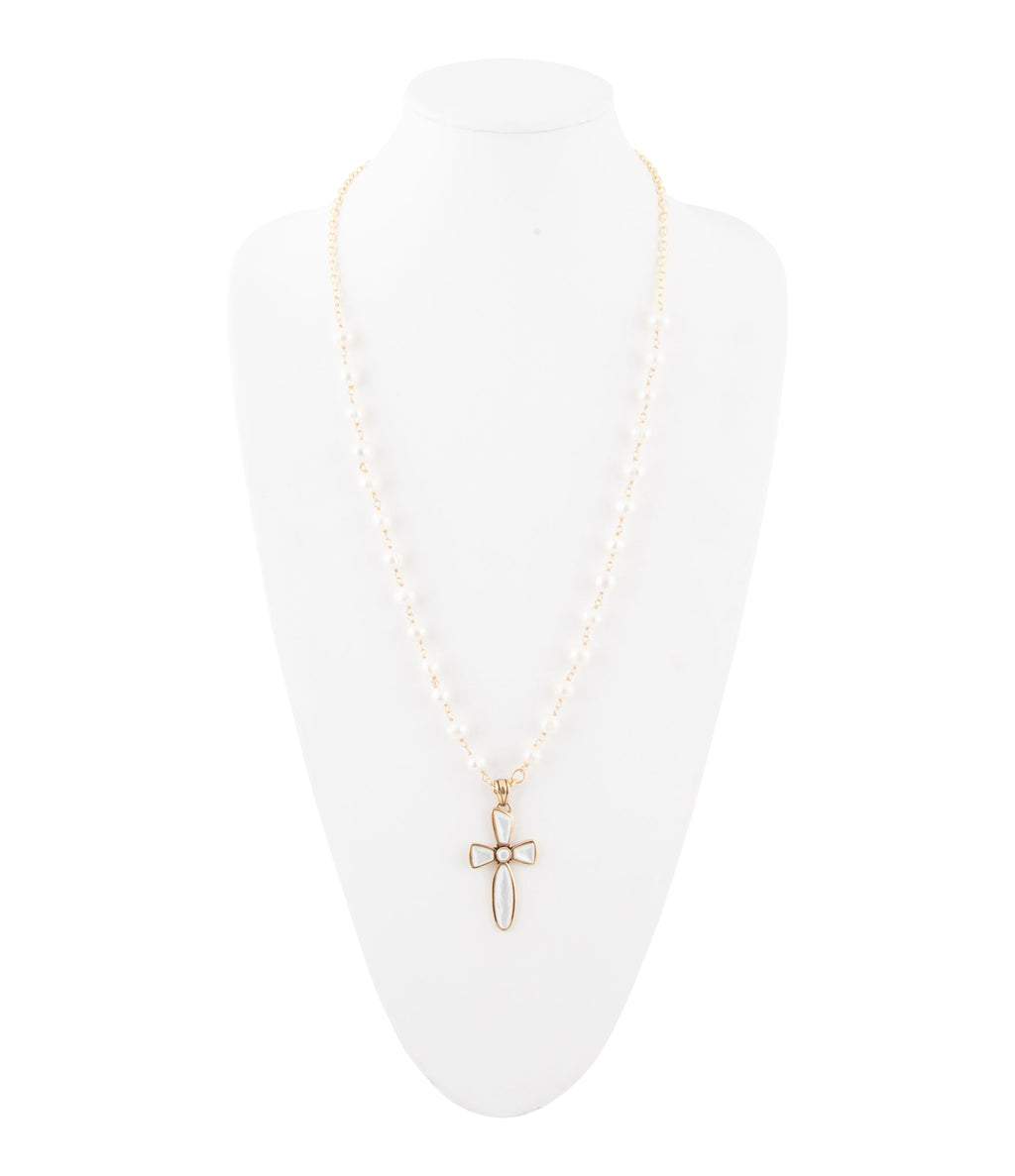 Las Cruces White Pearl Cross Pendant Necklace