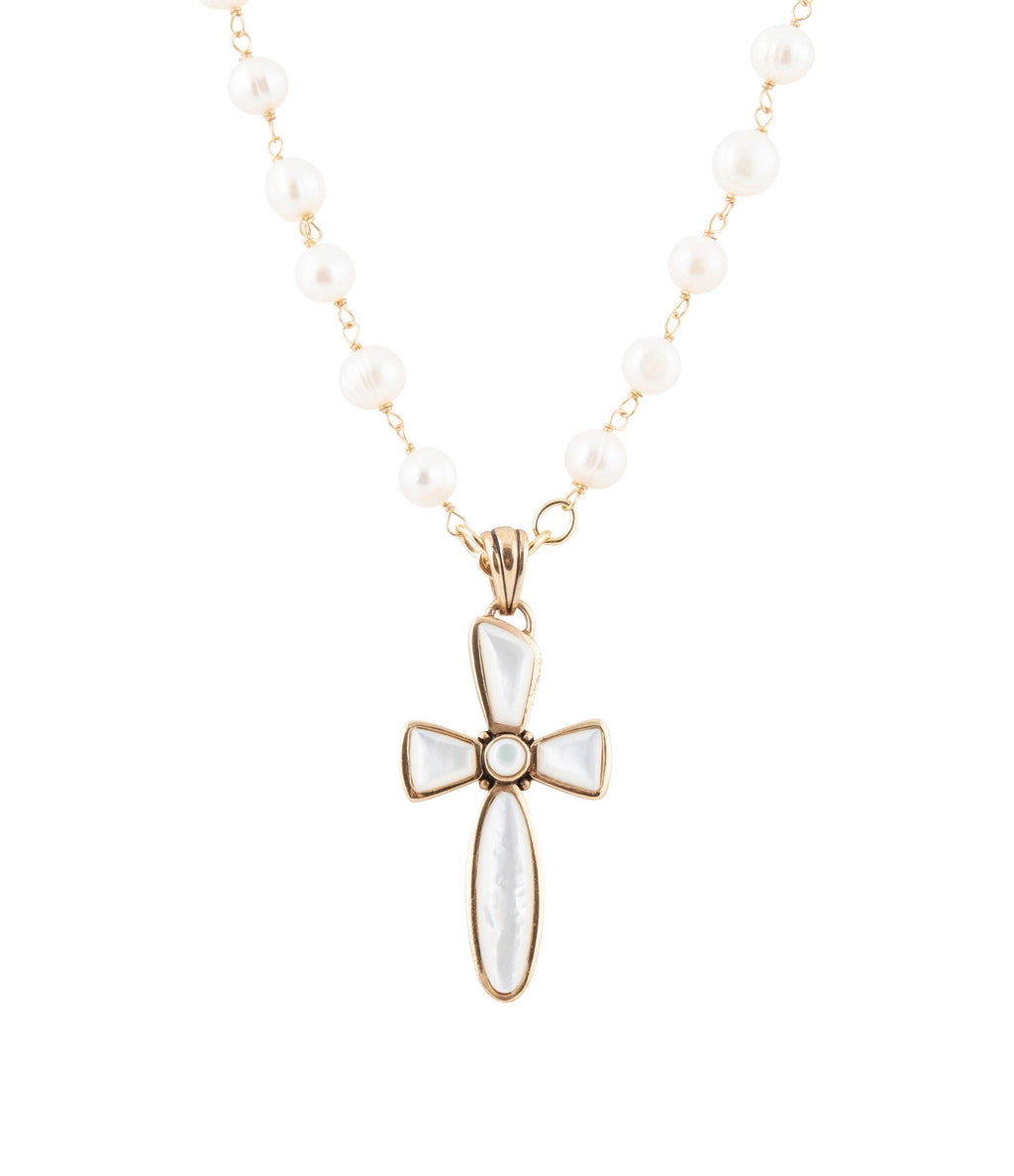 Las Cruces White Pearl Cross Pendant Necklace