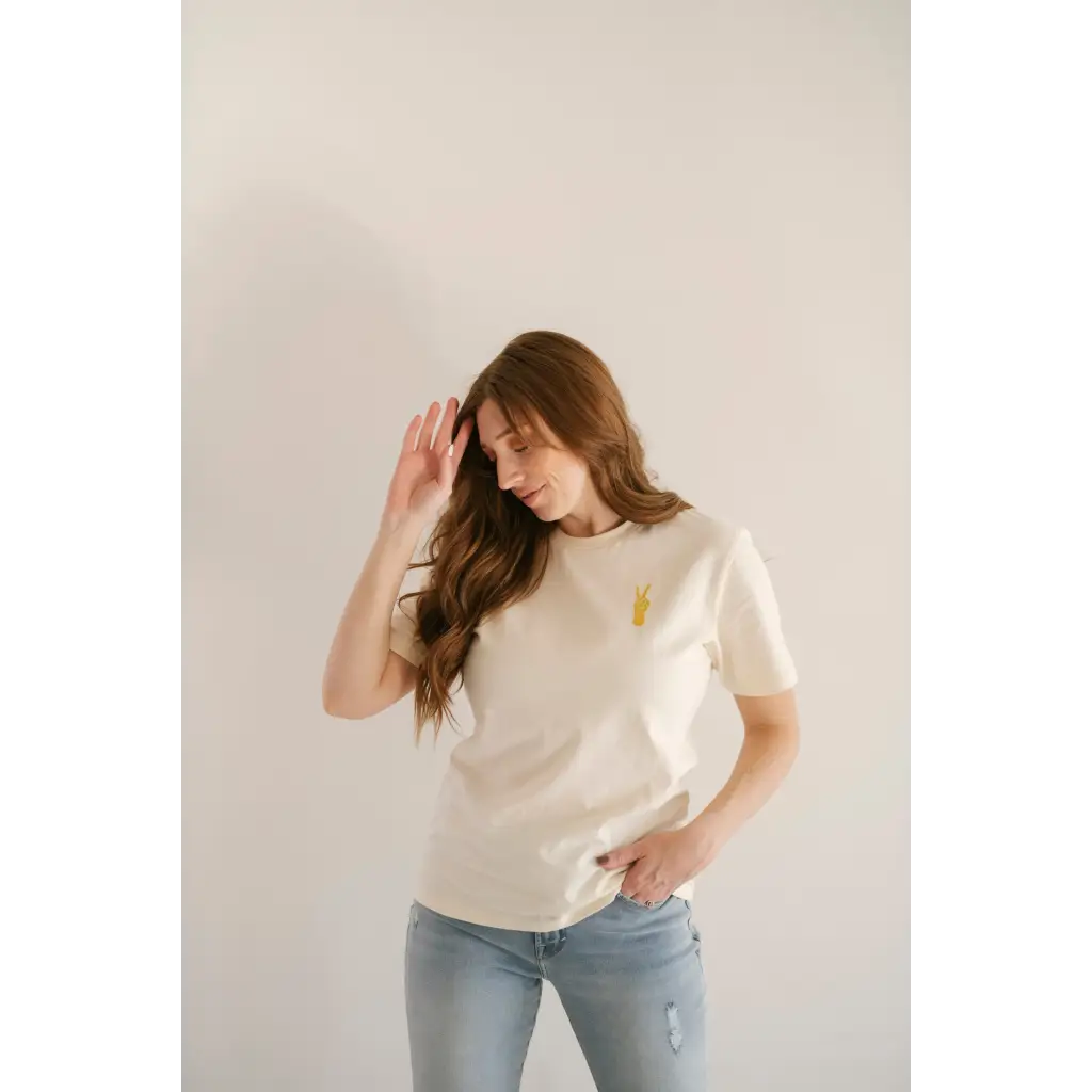Good Vibes Peace Embroidered Tee in Cream