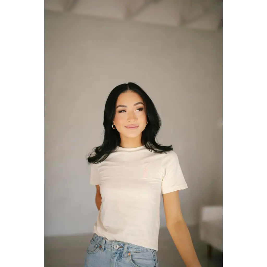 Good Vibes Peace Embroidered Tee in Cream