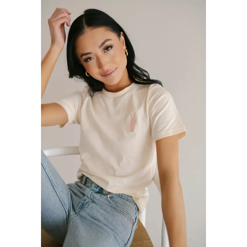 Good Vibes Peace Embroidered Tee in Cream