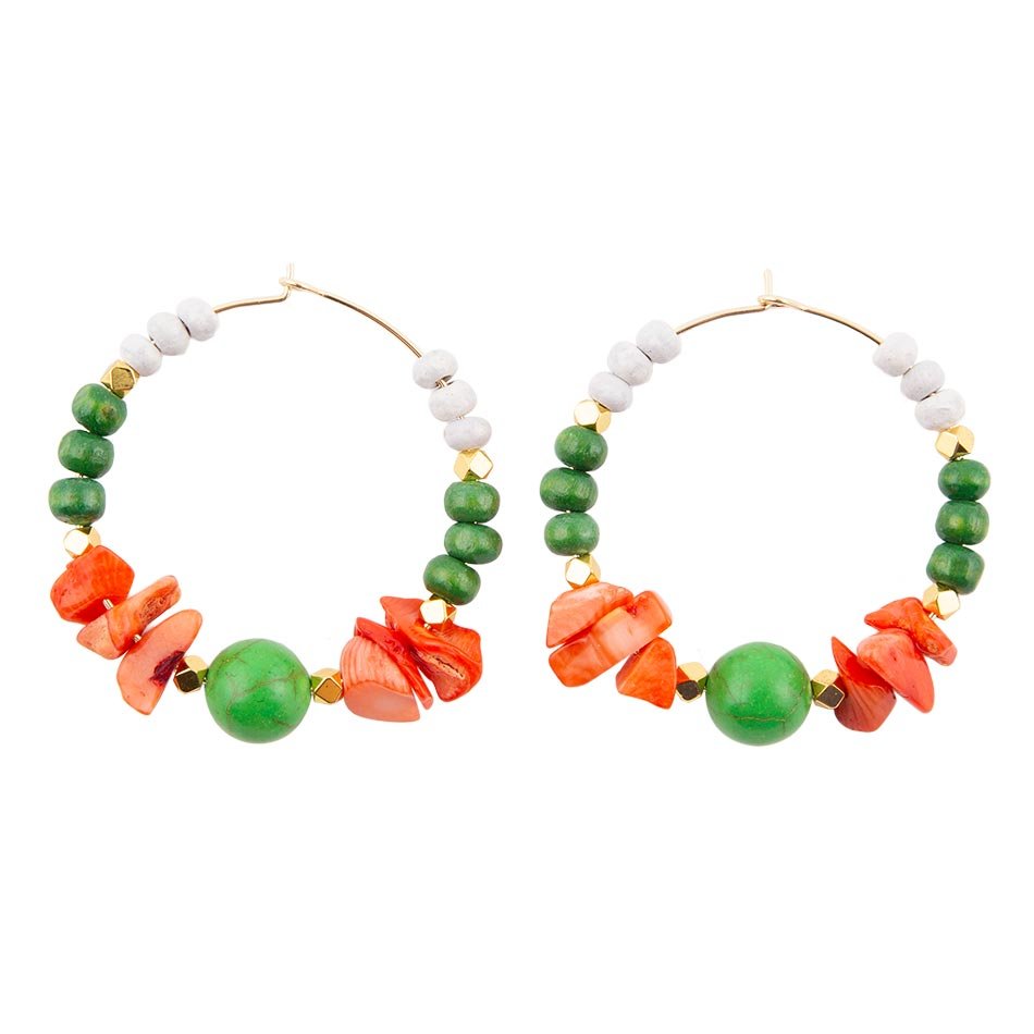 Green and Orange Coral Golden Hoop Earrings