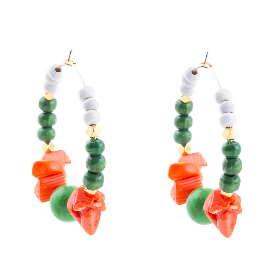 Green and Orange Coral Golden Hoop Earrings