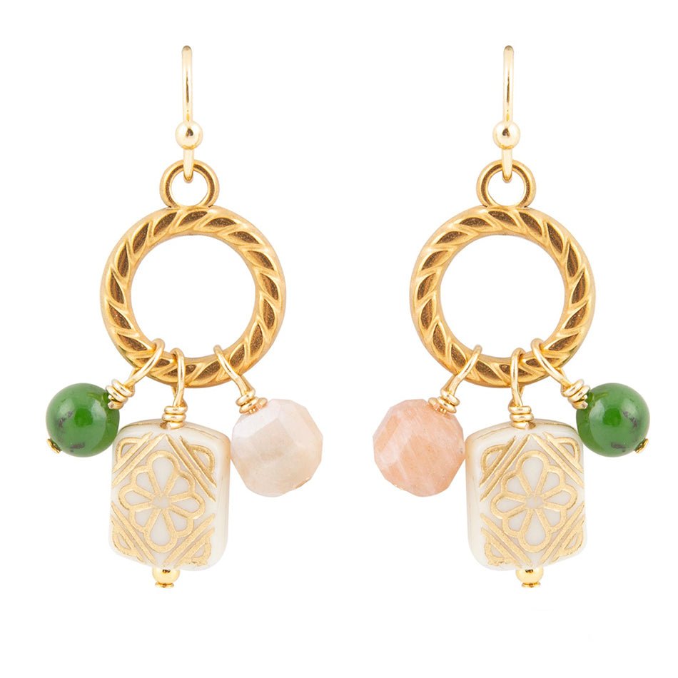 Green Jade and Pink Sunstone Golden Drop Earrings