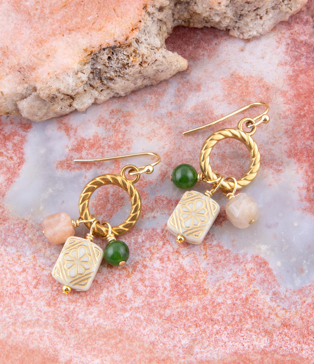 Green Jade and Pink Sunstone Golden Drop Earrings