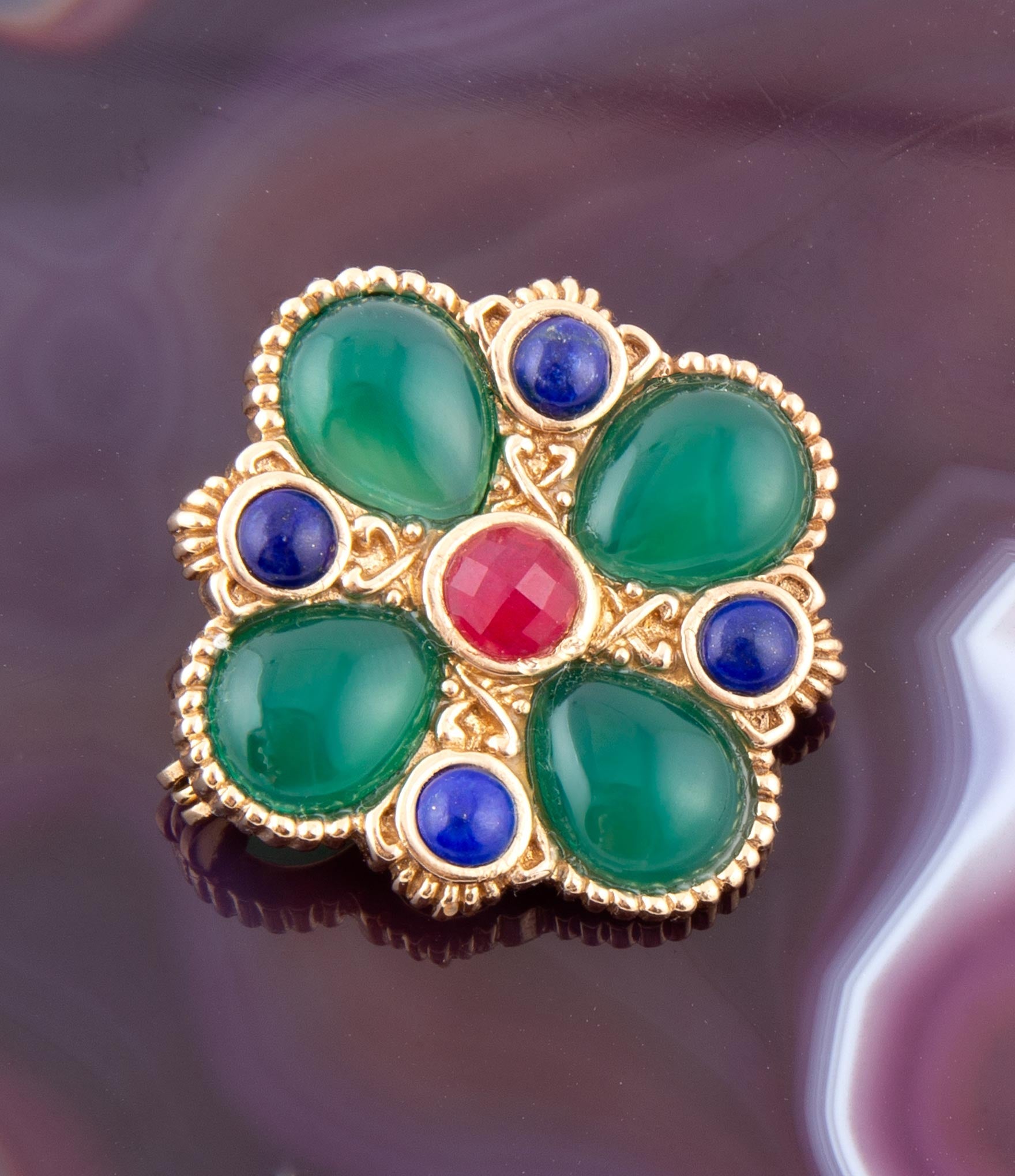 Green Onyx Mixed Stone Golden Brooche