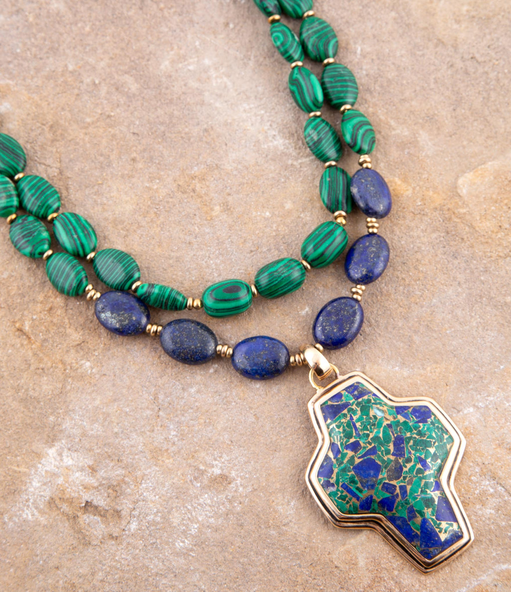 Green Malachite Azurite Cross Statement Golden Necklace