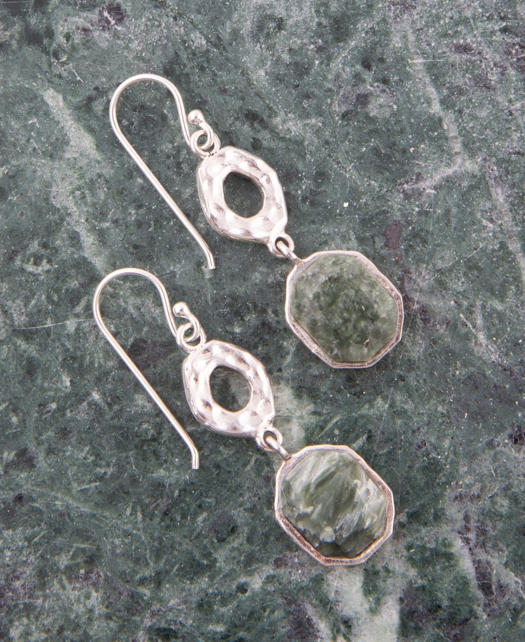 Hammered Green Seraphinite and Sterling Silver Drop Earrings
