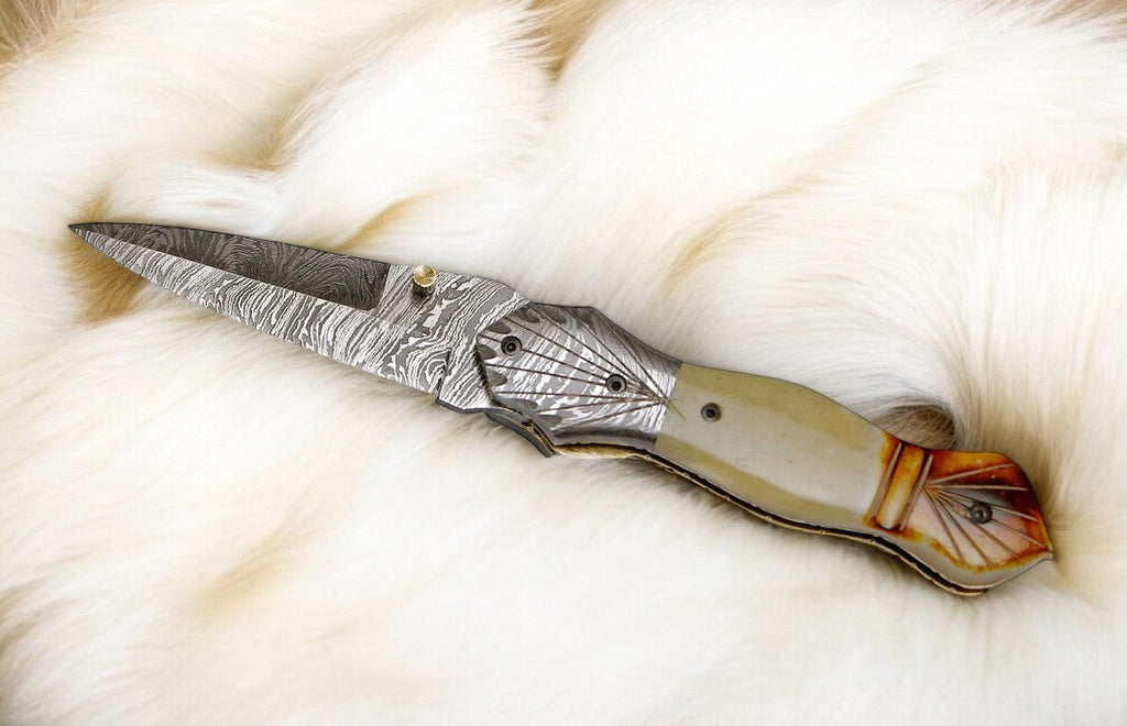 Handmade Damascus Folding Knife – Bone Handle, 3" Blade