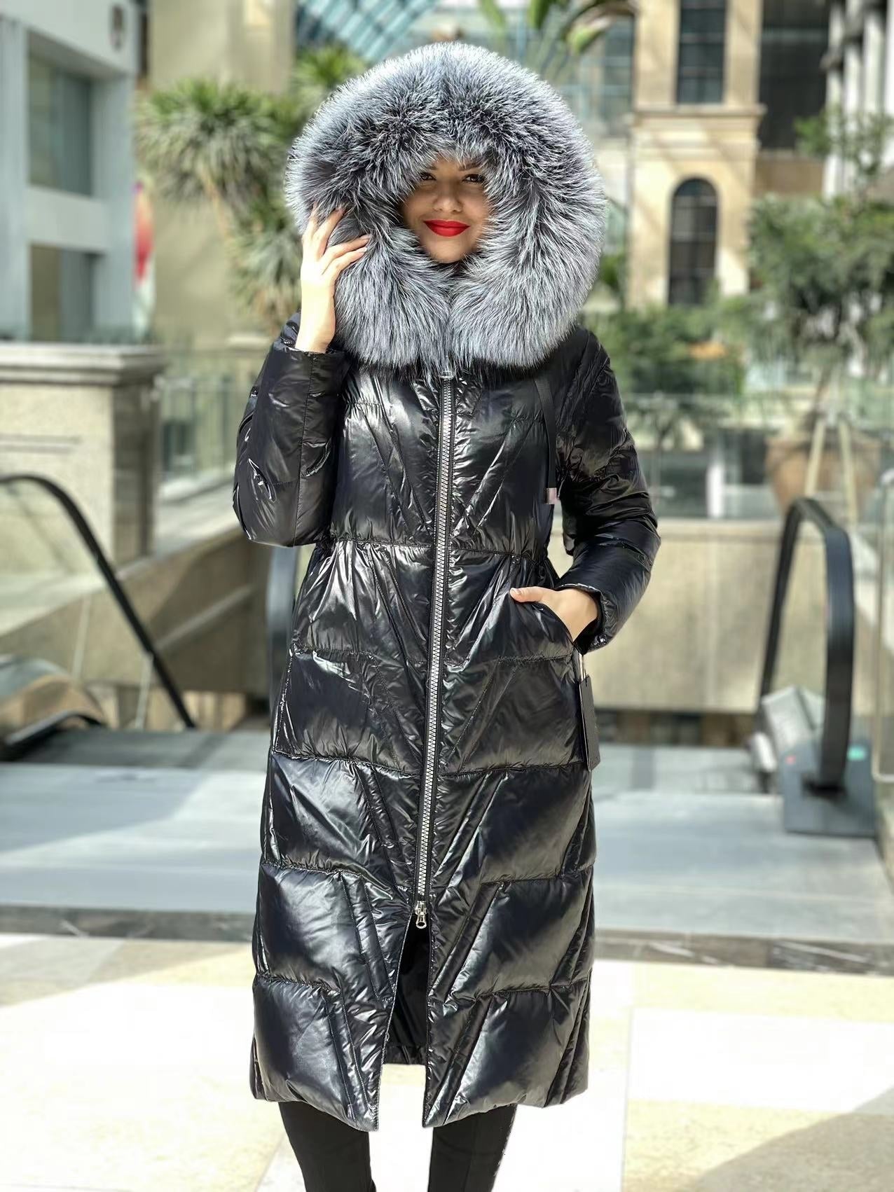Genuine Silver Fox Fur Down Fill Coat