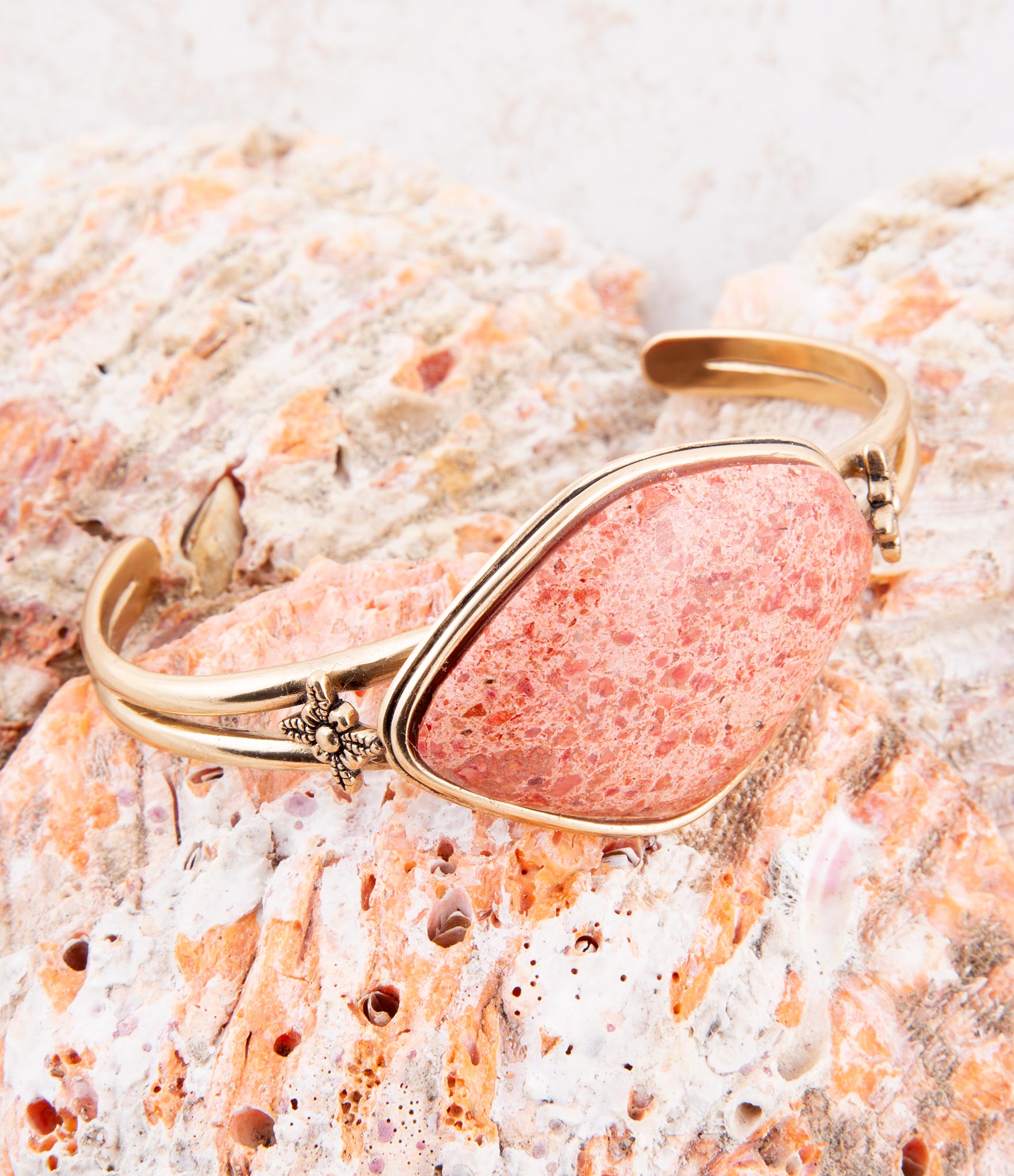 Lucent Orange Sponge Coral Cuff  Golden Bracelet
