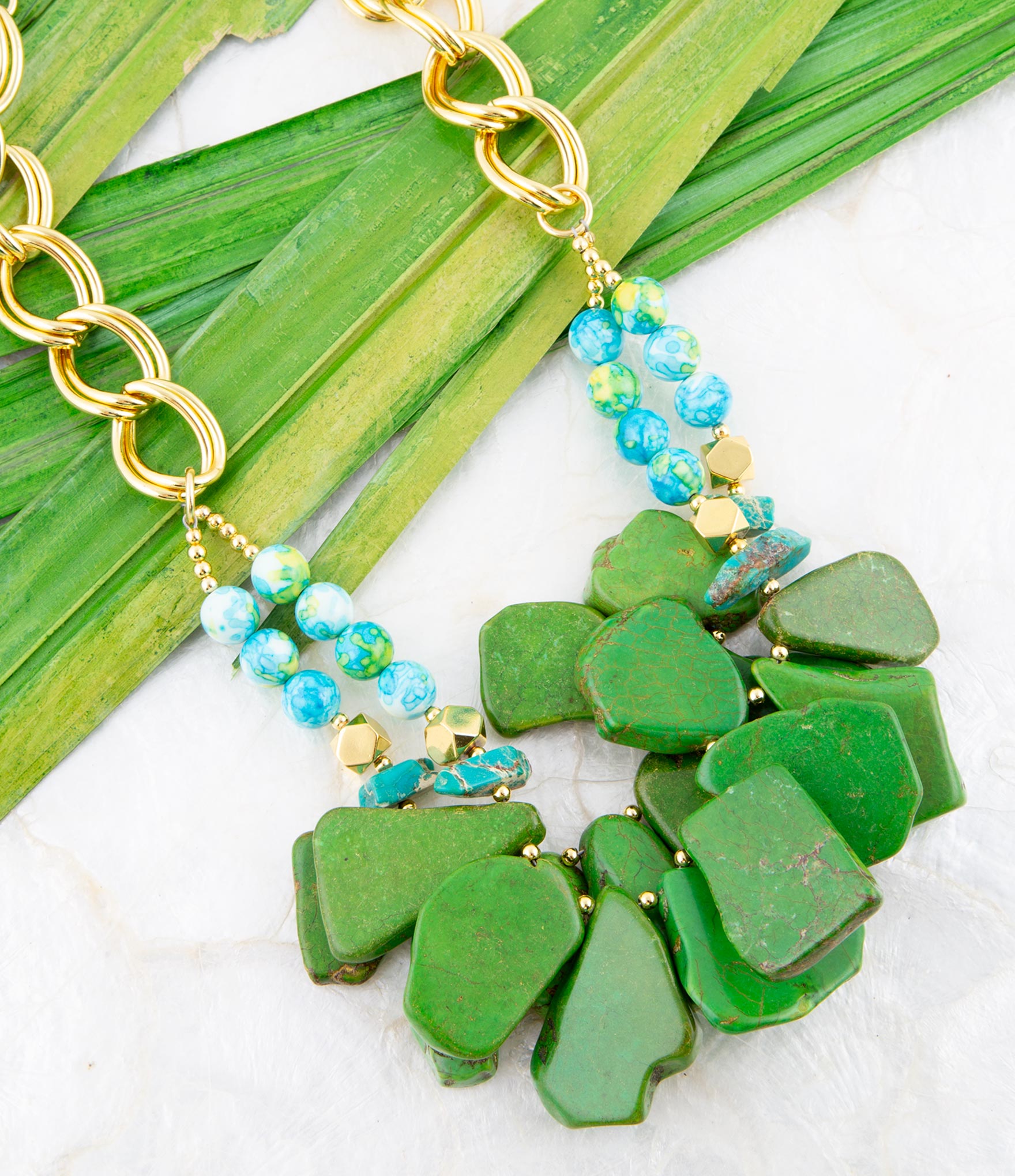 Margarita Green Lime Turquoise Jasper Golden Statement Necklace