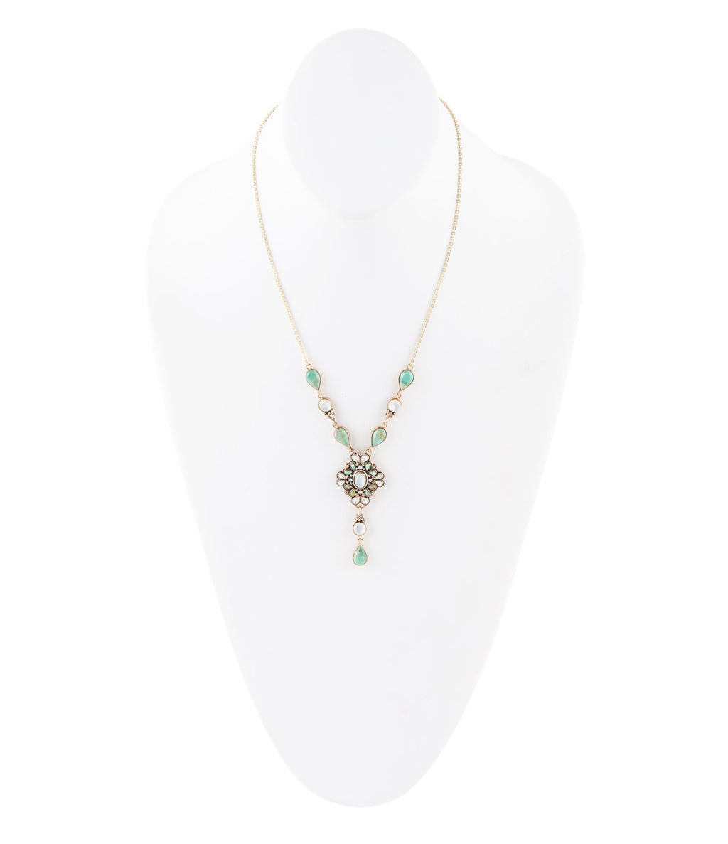 White Mother of Pearl and Blue Turquoise Golden Barcelona Y-Necklace