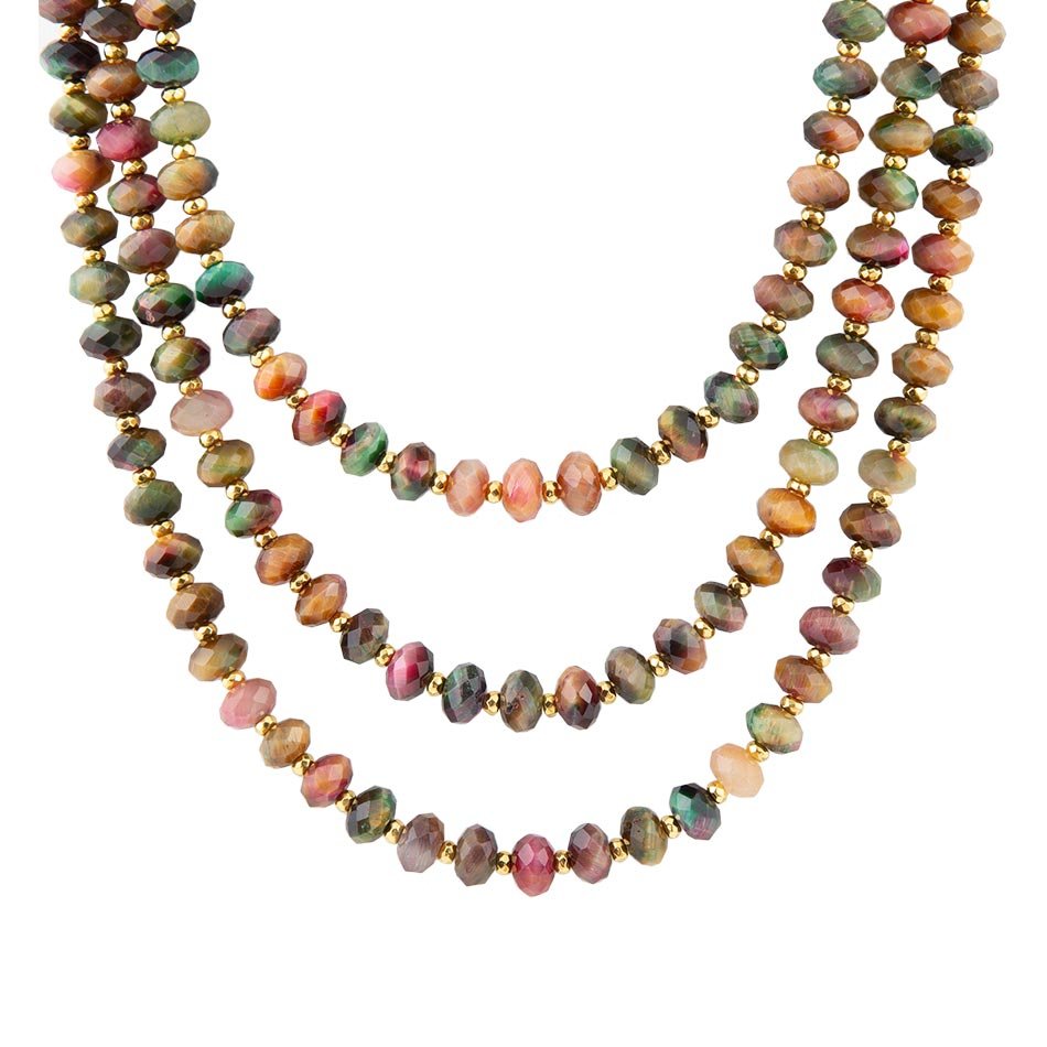Jeweled Multi-Color Tiger's Eye Triple Strand Golden Necklace