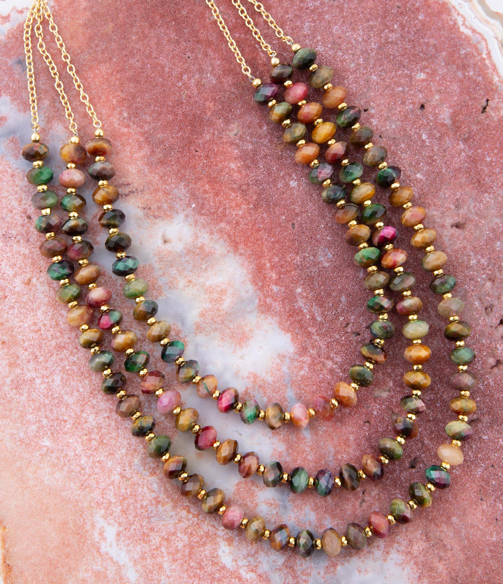 Jeweled Multi-Color Tiger's Eye Triple Strand Golden Necklace