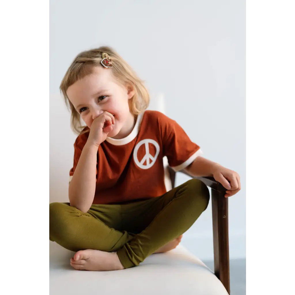 Embroidered Peace Sign T-Shirt in Auburn for Kids