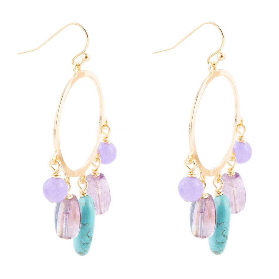 Purple Periwinkle Amethyst and Blue Magnesite Golden Chandelier Earrings