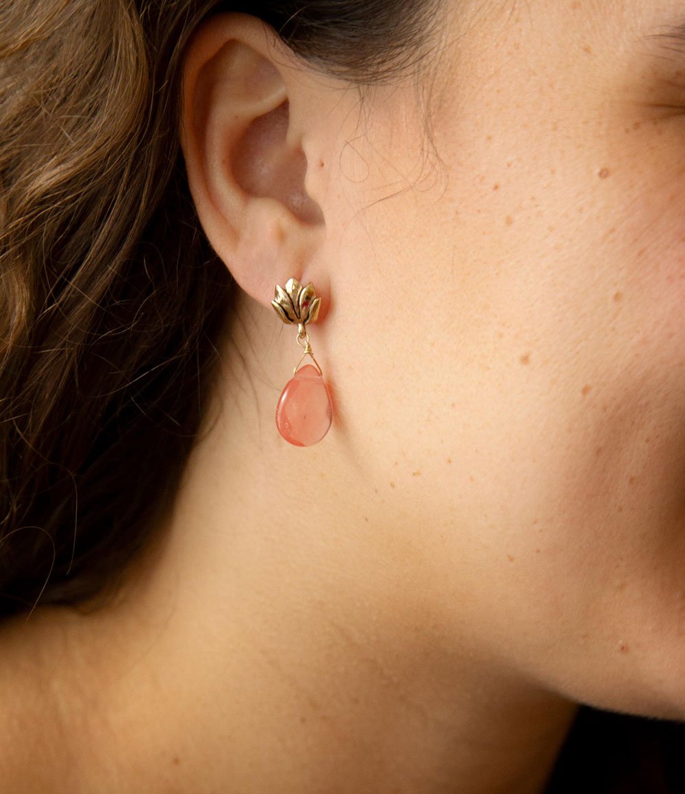 Pink Quartz Golden Lotus Drop Earrings