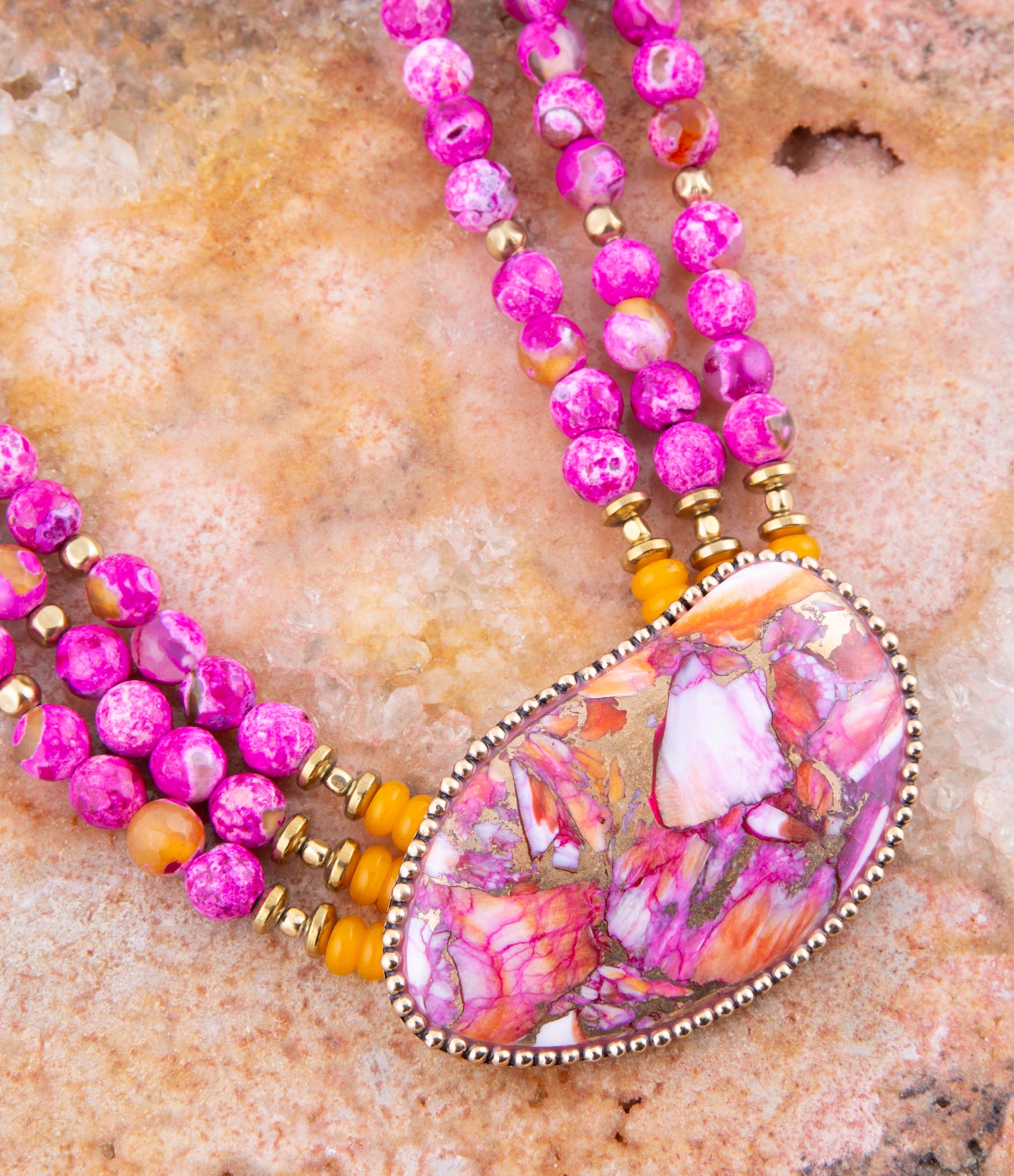 Pink Starburst Shell Statement Golden Necklace