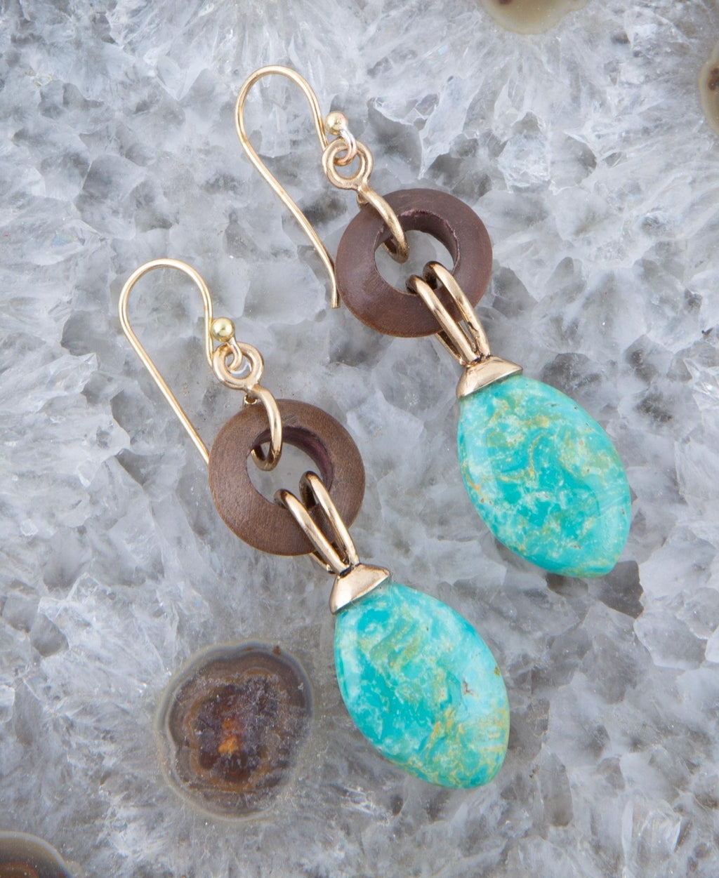 Precious Green Turquoise and Wood Golden Bronze Drop Earrings