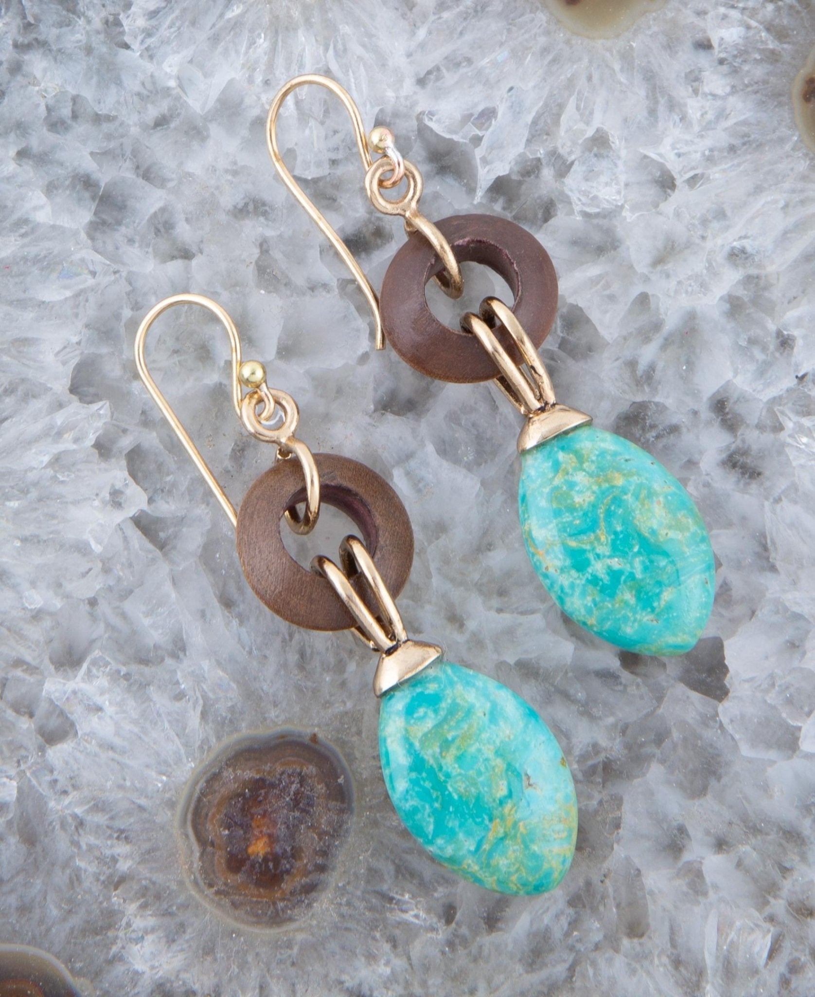 Precious Green Turquoise and Wood Golden Bronze Drop Earrings