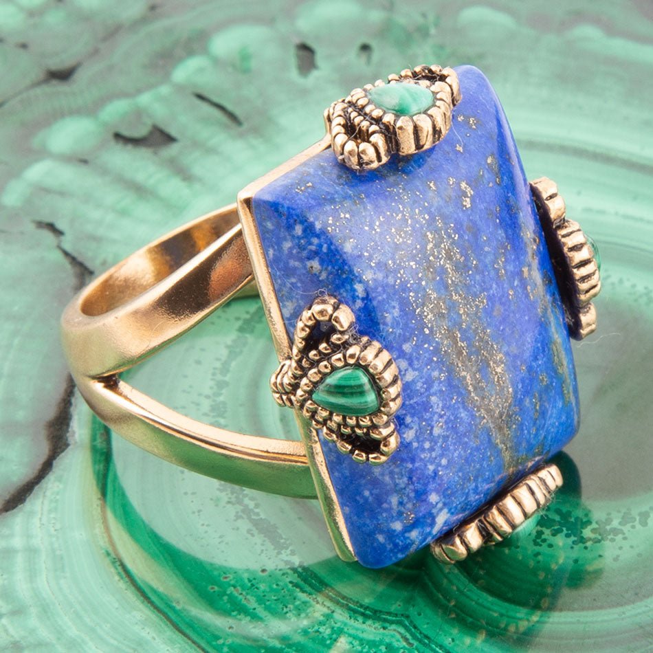 Prismatic Blue Lapis and Malachite Golden Ring