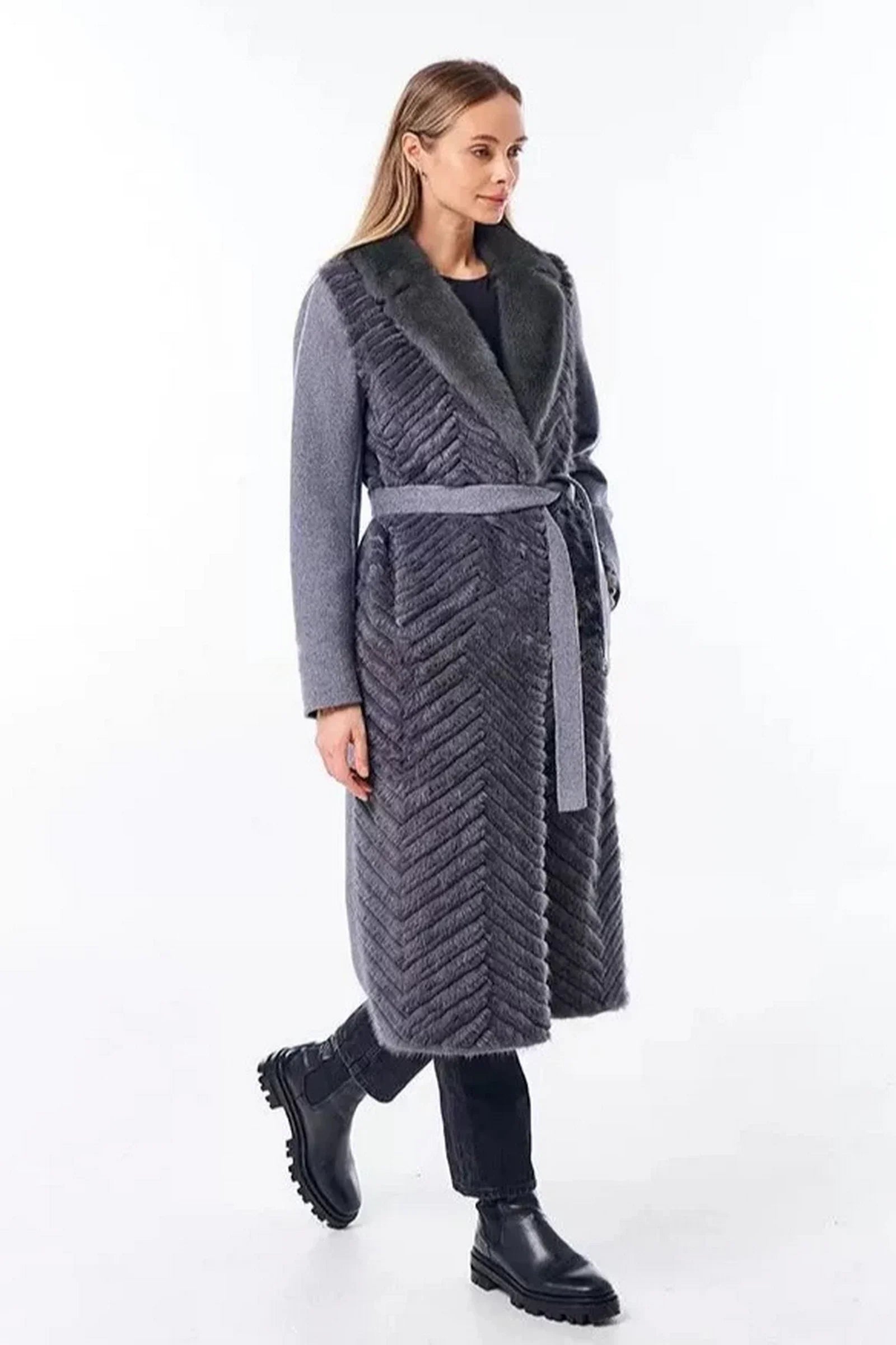 Genuine Mink Fur Rex Fur Trim Virgin Wool Coat