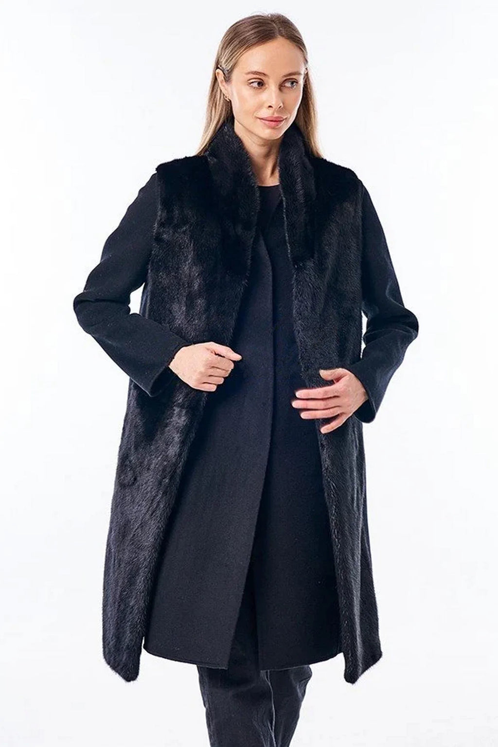 Genuine Mink Fur Virgin Wool Coat Plus Vest