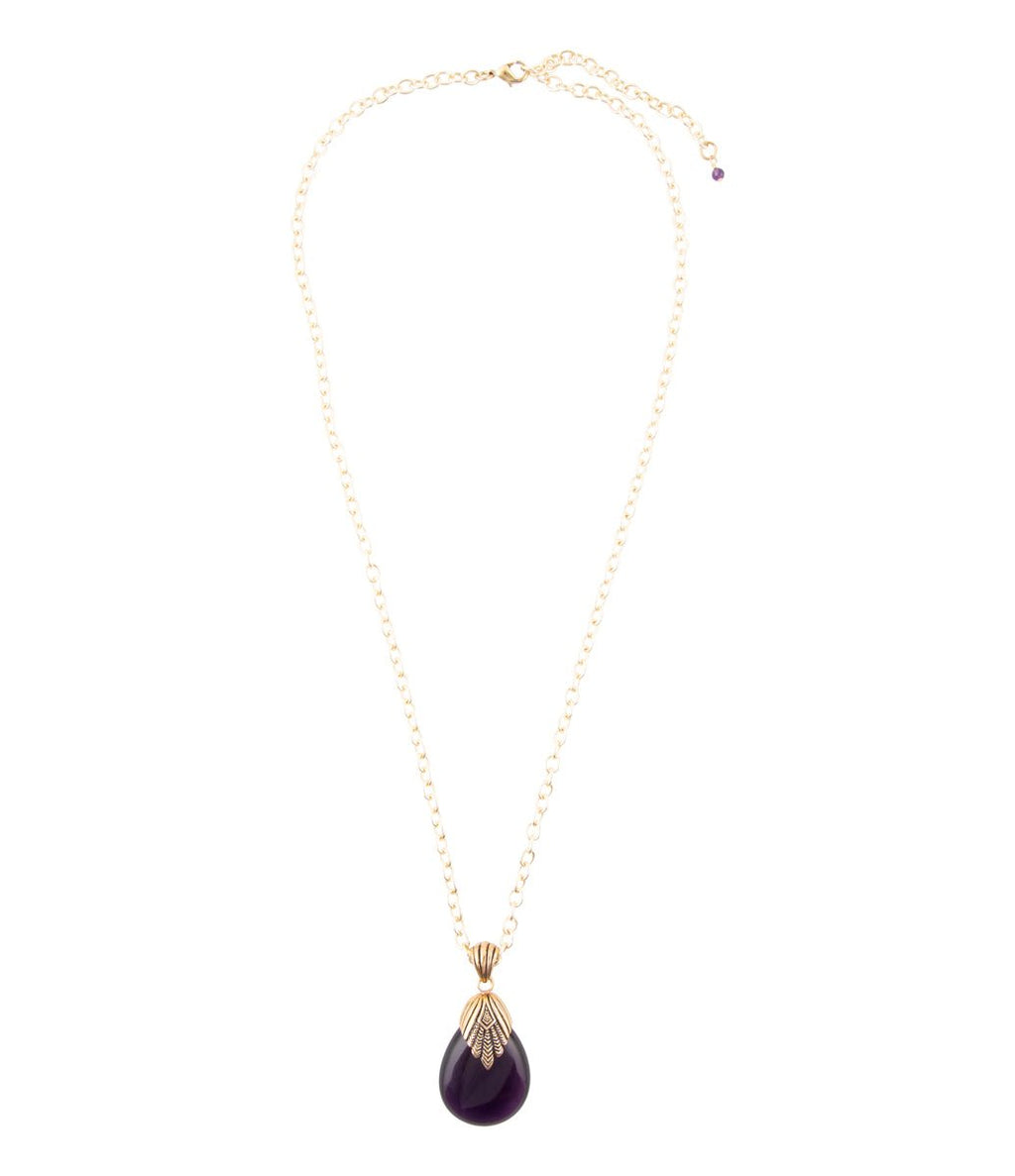 Purple Quartz Teardrop Golden Pendant Necklace