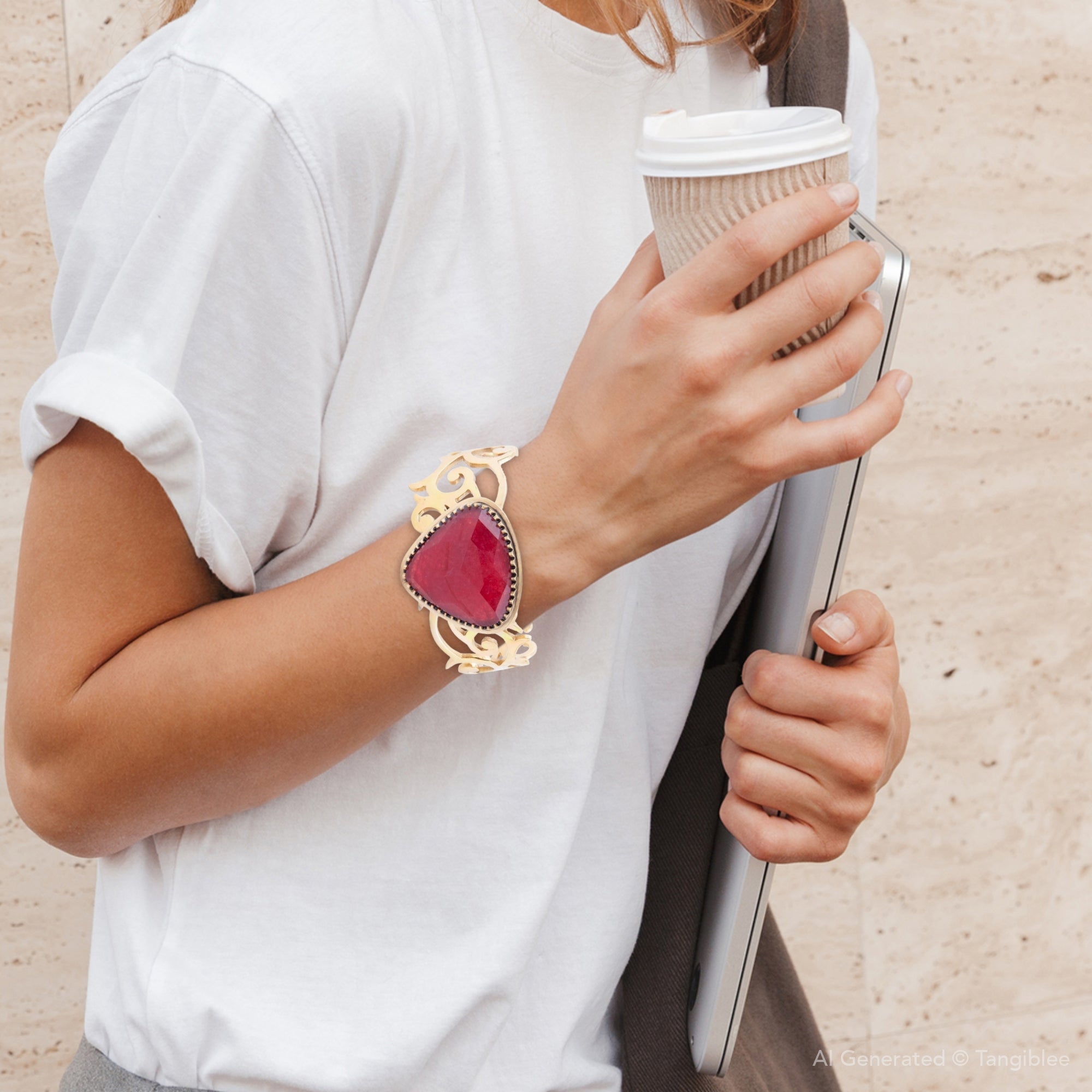 Red Bordeaux Quartz Golden Statement Cuff Bracelet