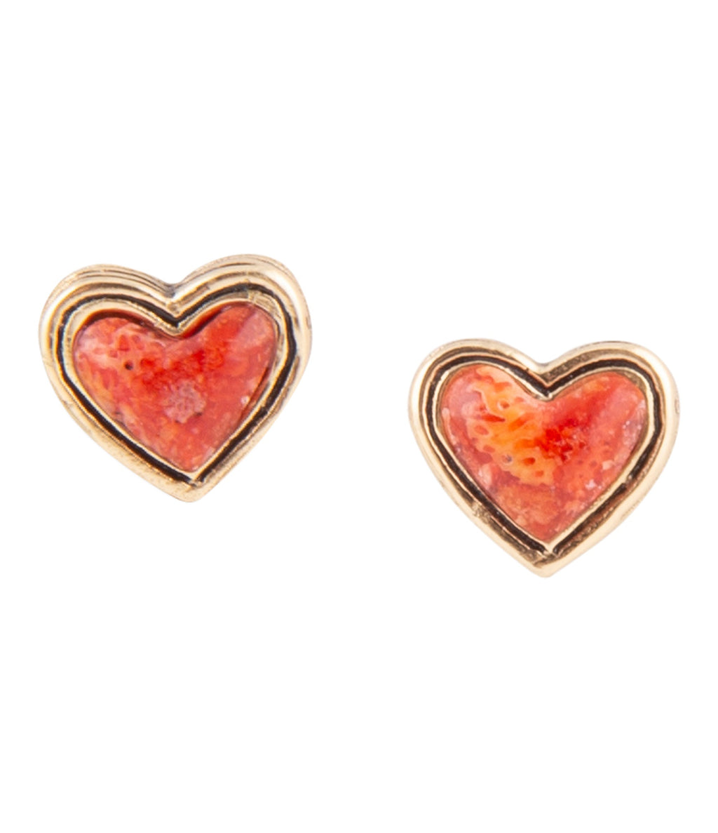Heart Red Sponge Coral Golden Stud Earrings