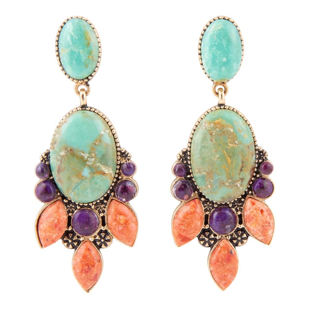 Regalia Blue Turquoise Purple and Orange Coral Goldden Post Drop Earrings
