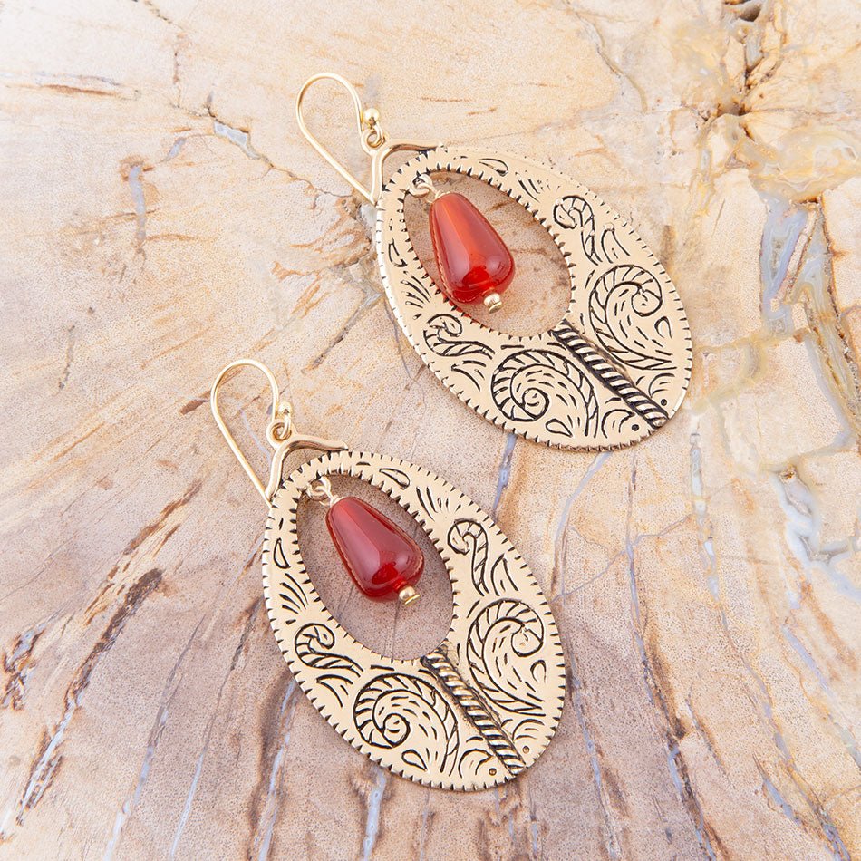 Rustic Orange Carnelian Golden Drop Earrings