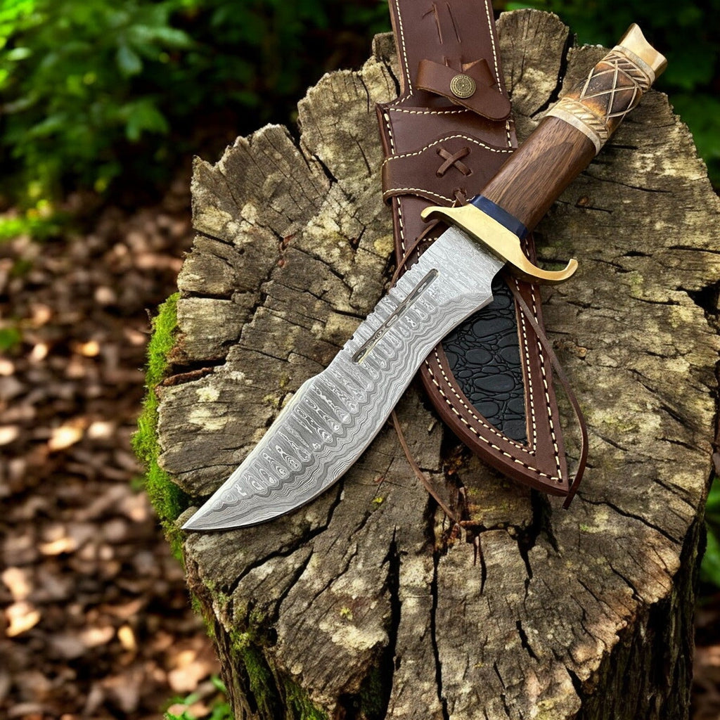 Custom Handmade Bowie Knife - 14" Damascus Steel Blade, Rosewood & Bone Handle