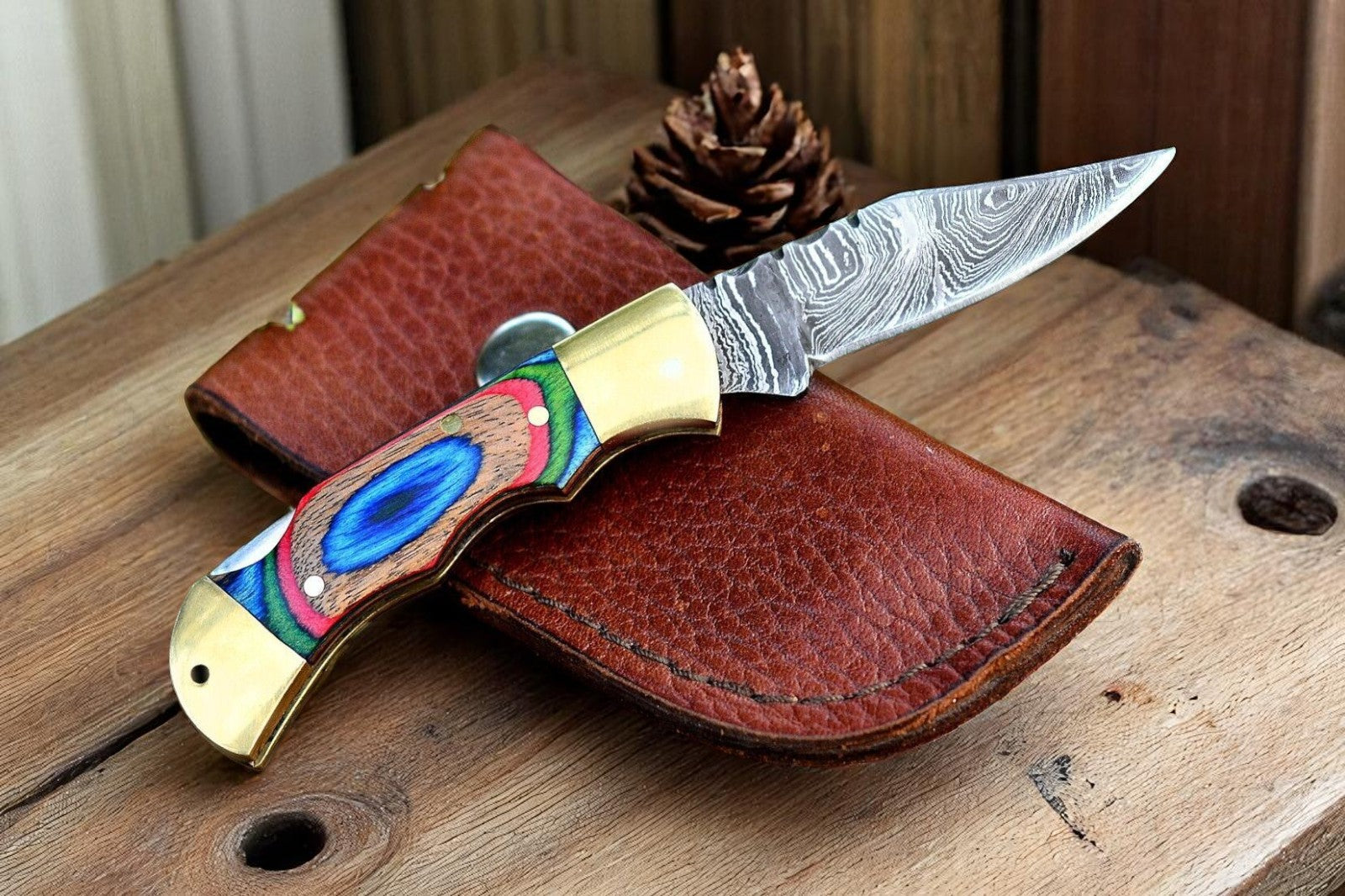 Damascus Pocket Knife with Exotic Wood & Brass Bolster