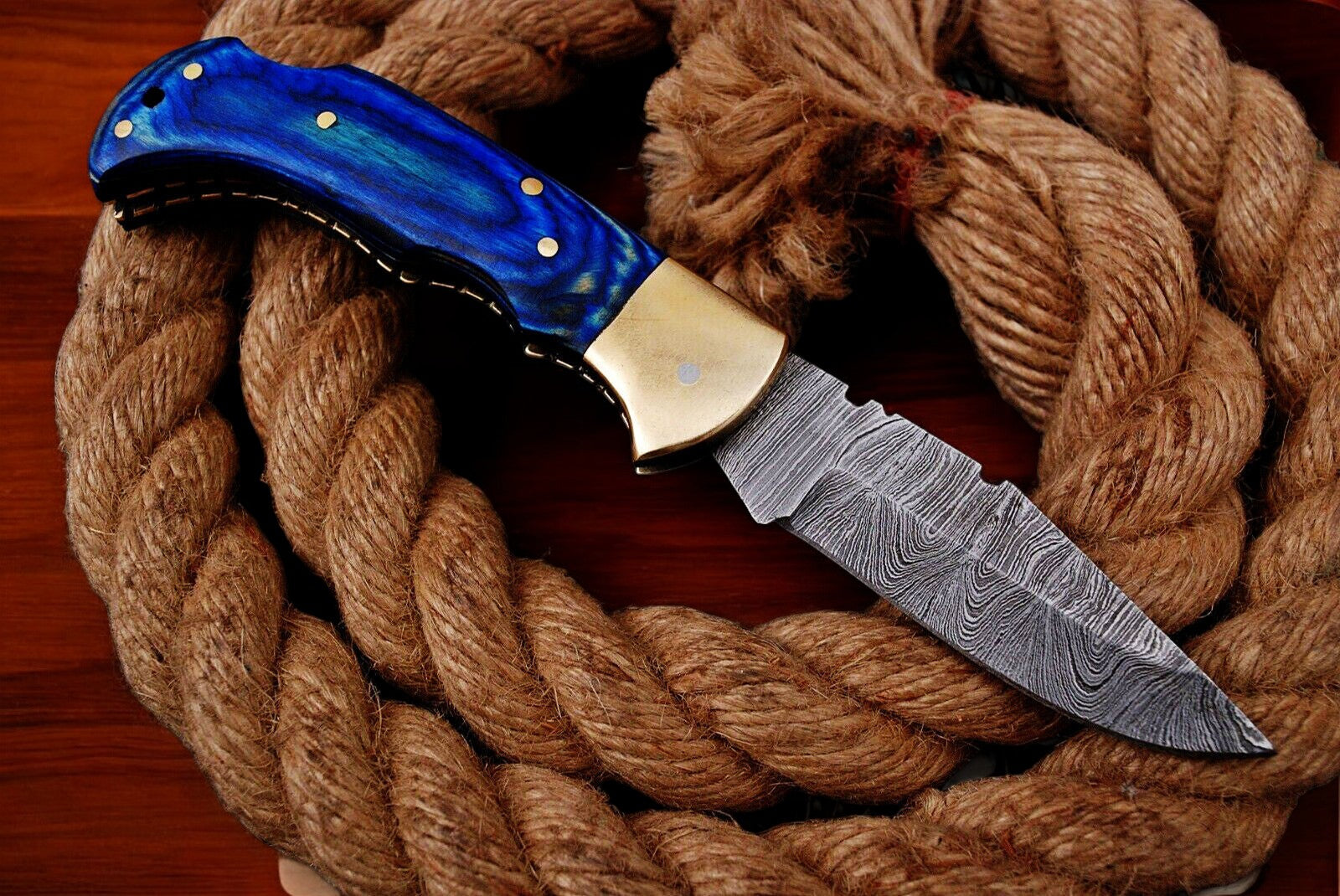 Custom Handmade Damascus Pocket Knife – Blue Exotic Wood