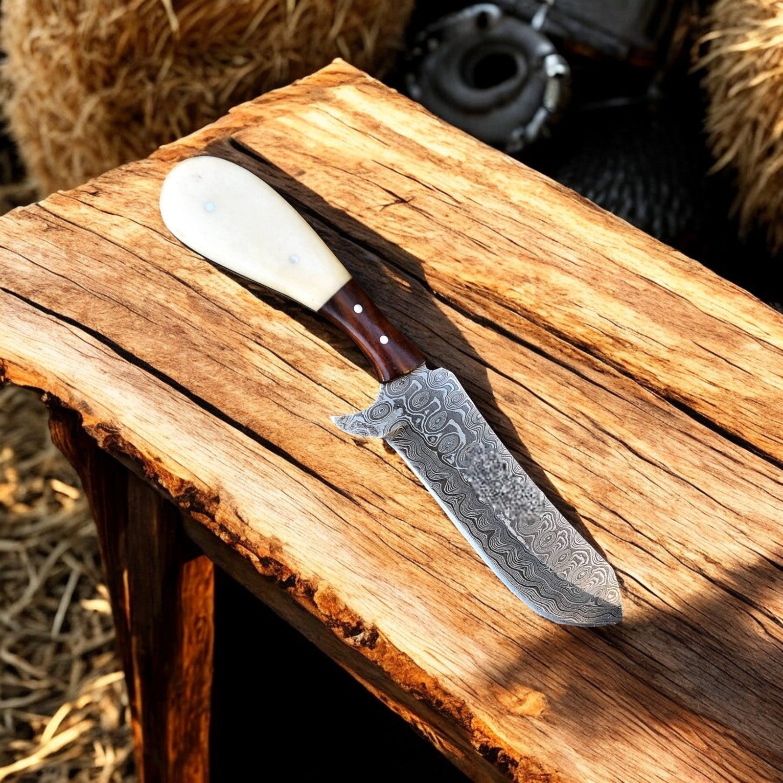 Cowboy Knife with Sheath | Rustic Summer Handmade Damascus Knife