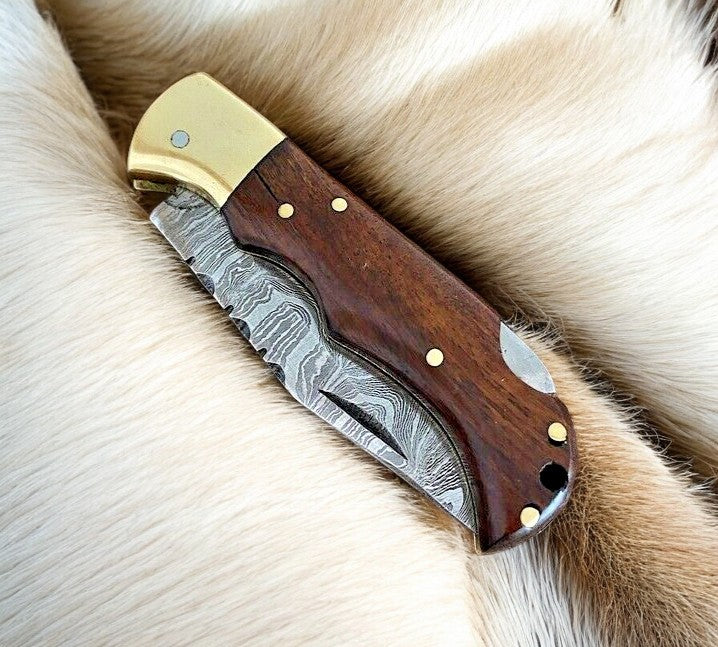 Custom Handmade Damascus Steel Pocket Knife with Rosewood Handle