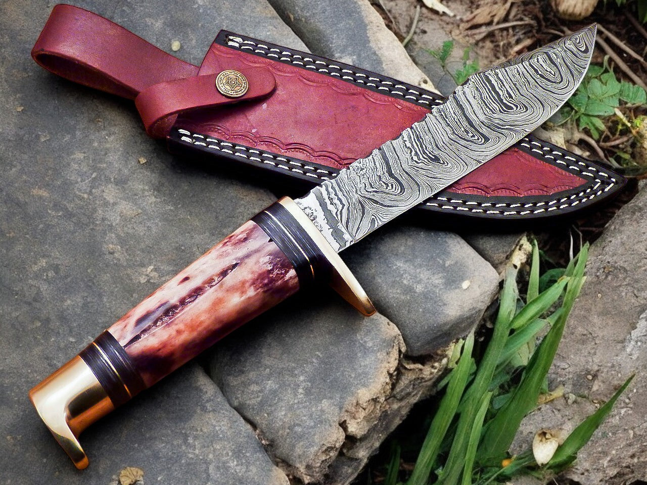 Handmade Damascus Hunting Knife – 12" with Bone Handle