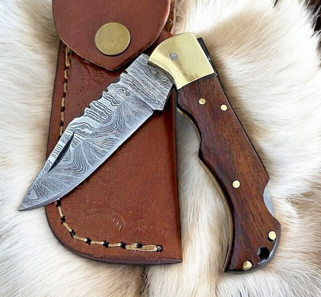 Custom Handmade Damascus Steel Pocket Knife with Rosewood Handle