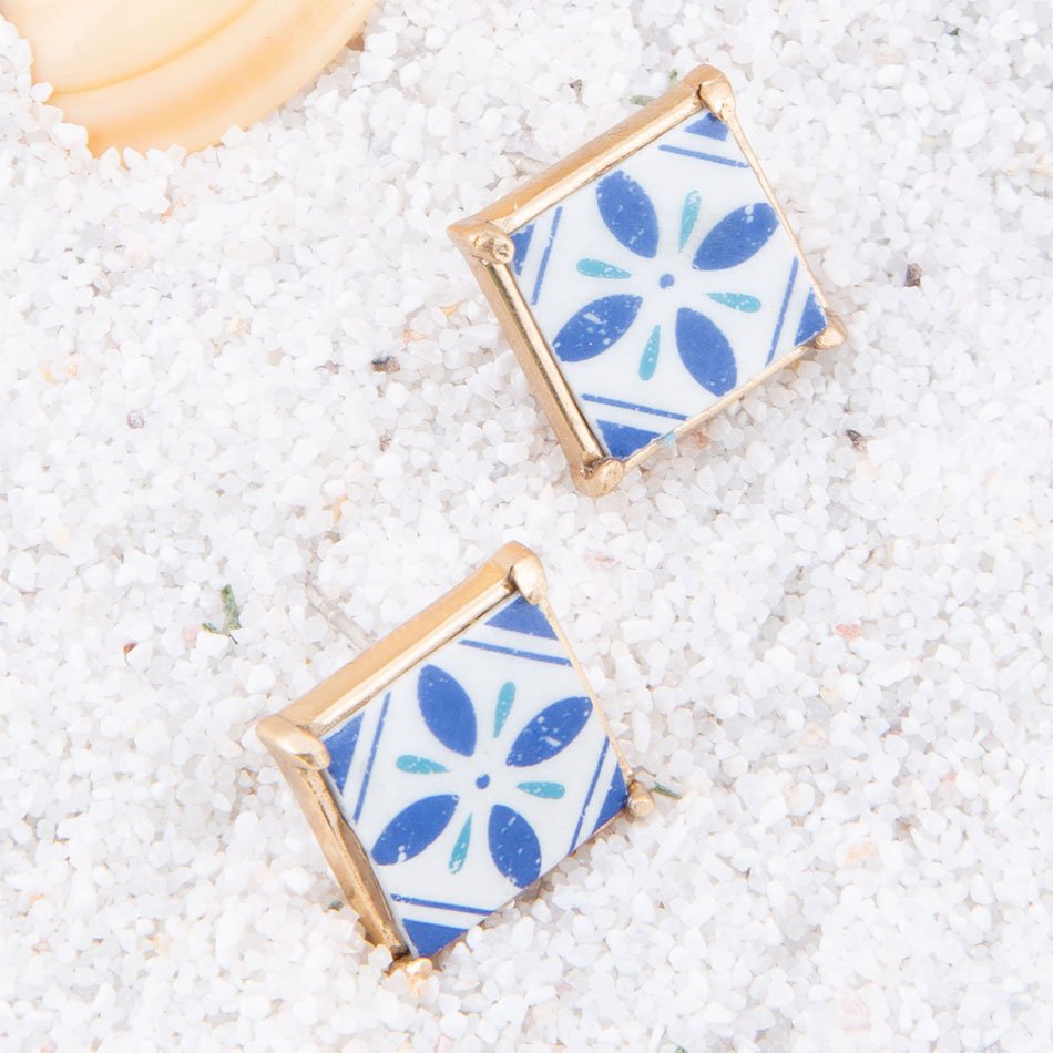 Santorini Dreams Blue and White Tile Post Stud Golden Earrings