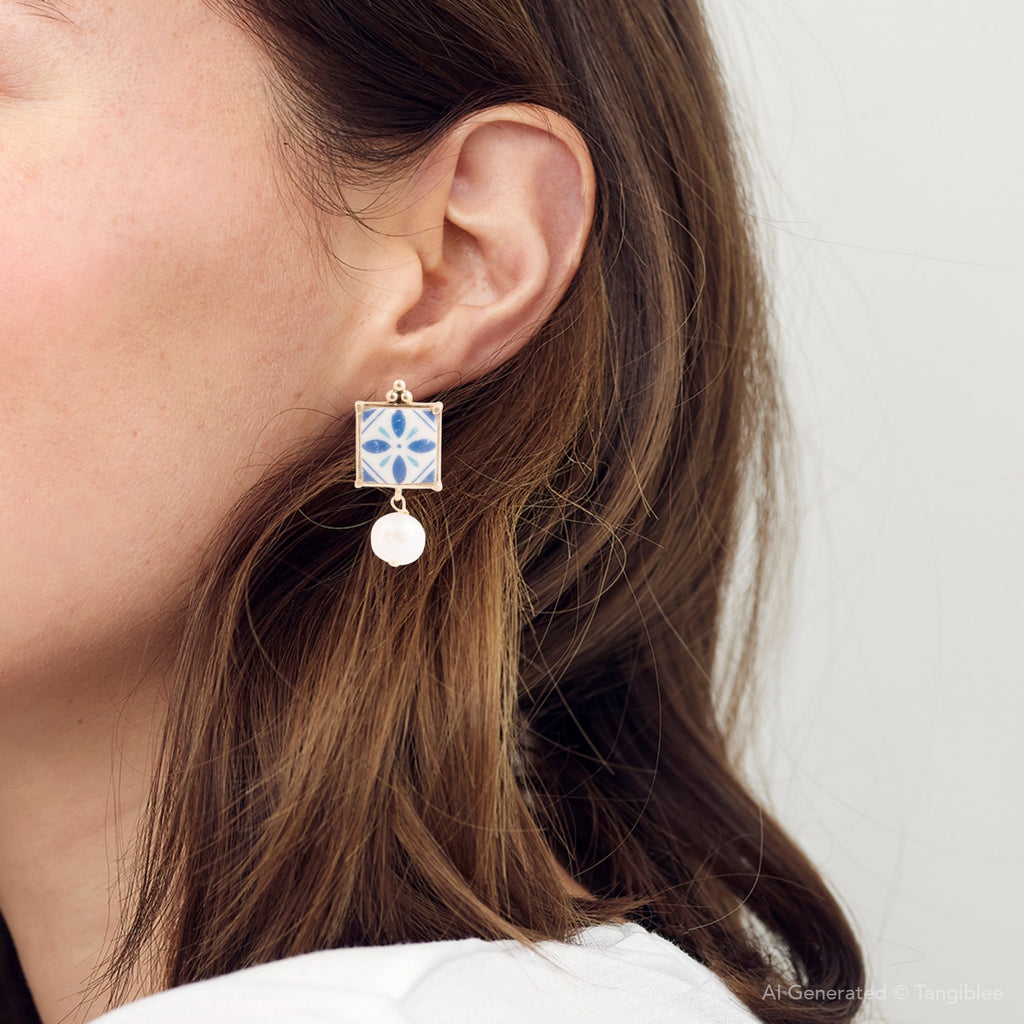 Santorini Dreams Tile Freshwater White Pearl Post Golden Earrings