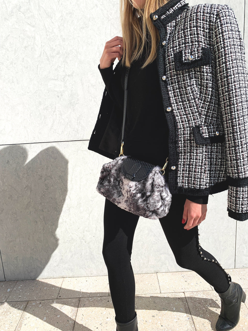Serena in Faux Fur/Black Leather with Pale Pink Chain