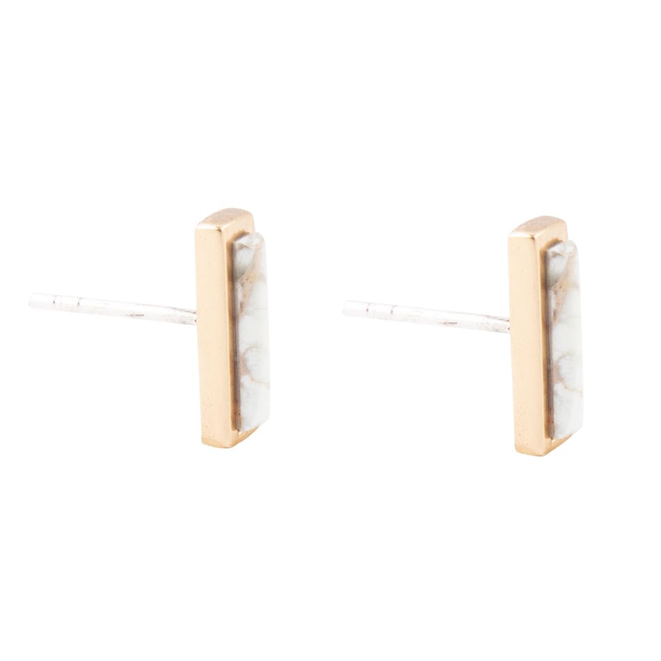 Short Linear White Picture Jasper and Bronze Stud
