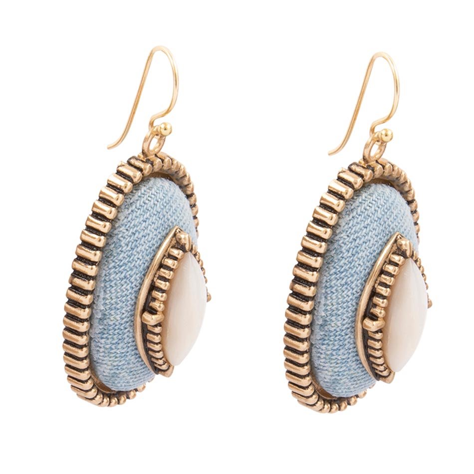 Blue Denim Dreams White Mother of Pearl Golden Drop Earrings