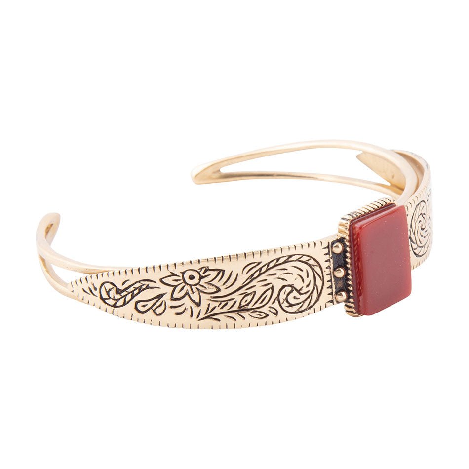 Stamped Orange Carnelian Golden Cuff Bracelet