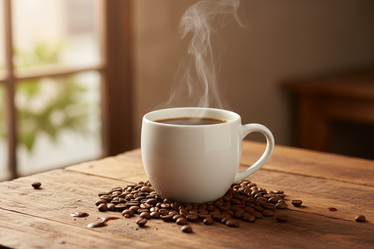 Steaming coffee cup with beans