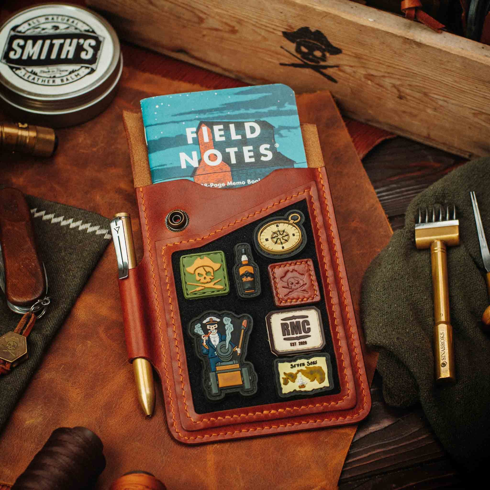 Field Notes Cover - Steersman | Leather Velcro Patch Display | EDC Journal Holder