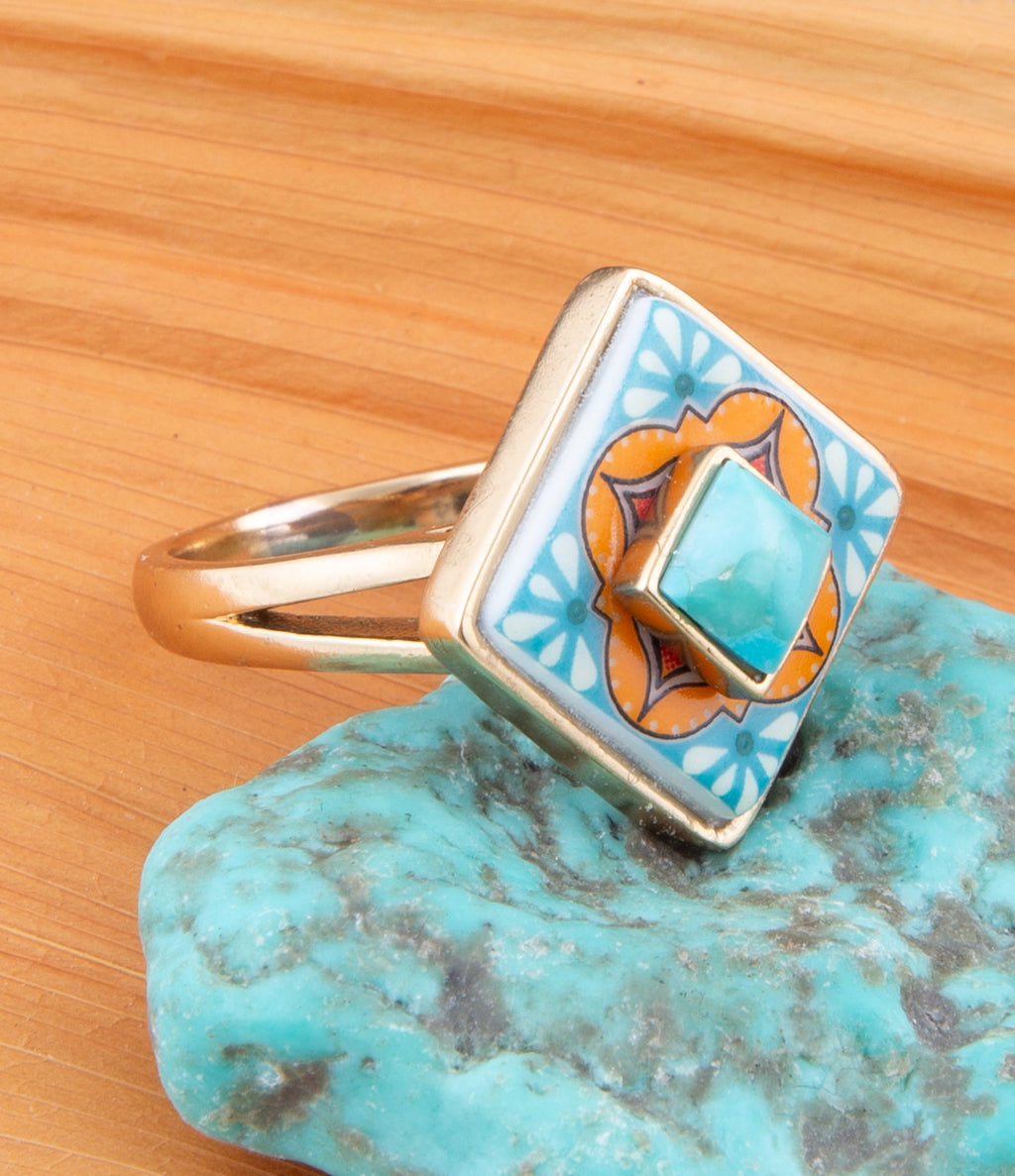 Talavera Tile Blue Turquoise Golden Ring