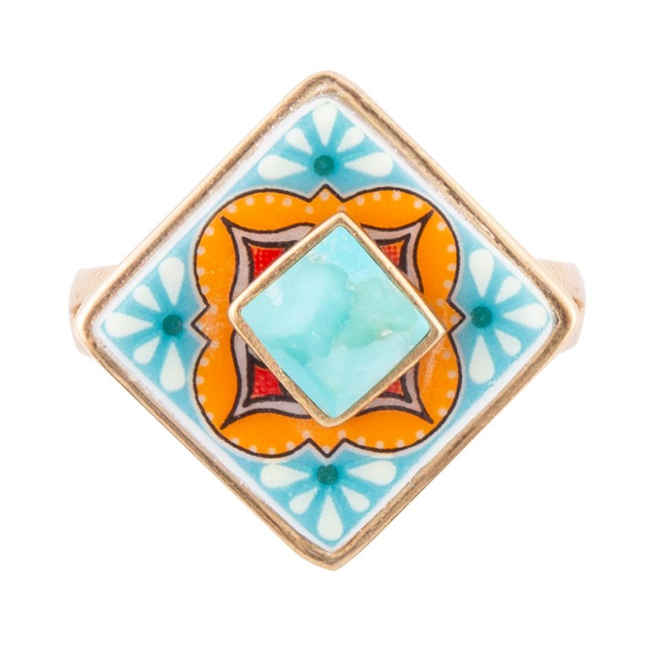 Talavera Tile Blue Turquoise Golden Ring